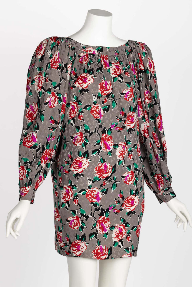 Yves Saint Laurent Floral Silk Long Sleeve Mini Dress YSL, 1980s
