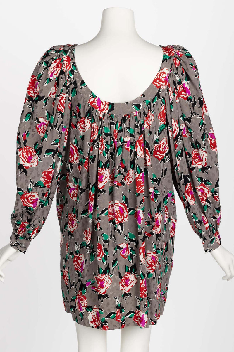 Yves Saint Laurent Floral Silk Long Sleeve Mini Dress YSL, 1980s