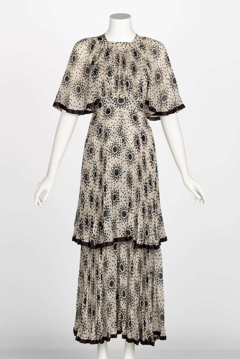 Divine 1970s Jean Muir Pleated Chiffon Ivory Black Dots Layered dress