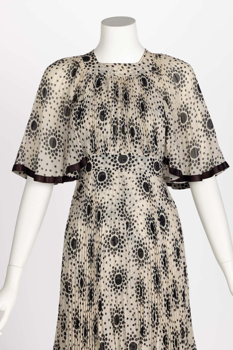 Divine 1970s Jean Muir Pleated Chiffon Ivory Black Dots Layered dress