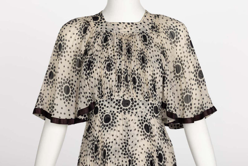Divine 1970s Jean Muir Pleated Chiffon Ivory Black Dots Layered dress
