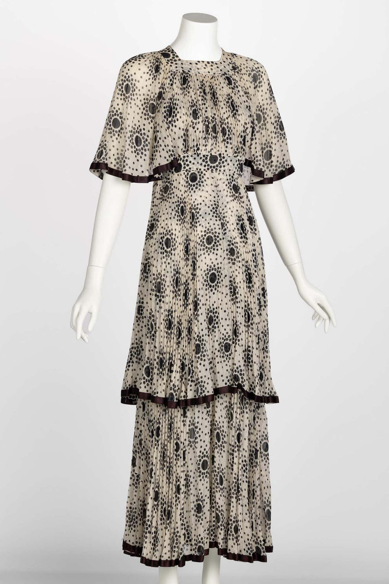 Divine 1970s Jean Muir Pleated Chiffon Ivory Black Dots Layered dress