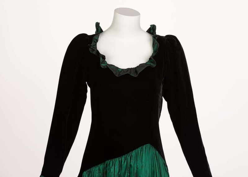 Saint Laurent Emerald Green Velvet Silk Taffeta Ruffle Dress YSL, 1980s