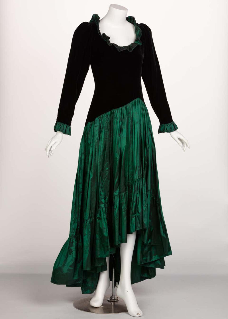Saint Laurent Emerald Green Velvet Silk Taffeta Ruffle Dress YSL, 1980 Basha Gold Saint Laurent Emerald Green Velvet Silk Taffeta Ruffle Dress YSL, 1980 Basha Gold
