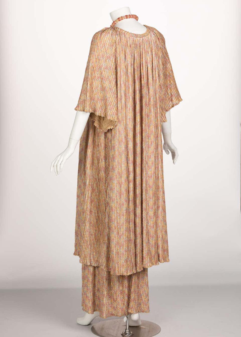 Missoni Pink Gold Knit Maxi Dress Cardigan Necklace Beret Set, 1970s Basha Gold Missoni Pink Gold Knit Maxi Dress Cardigan Necklace Beret Set, 1970s Basha Gold