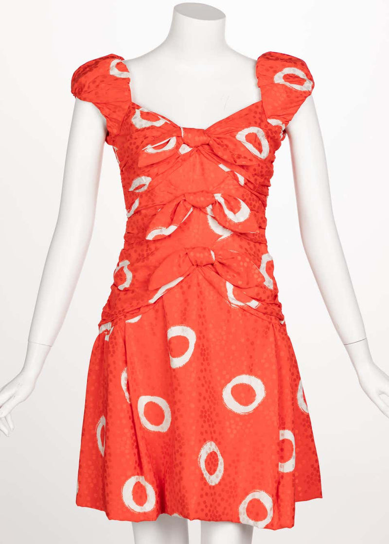 Scaasi Coral Orange Dotted Silk Print Bow Dress, 1990s