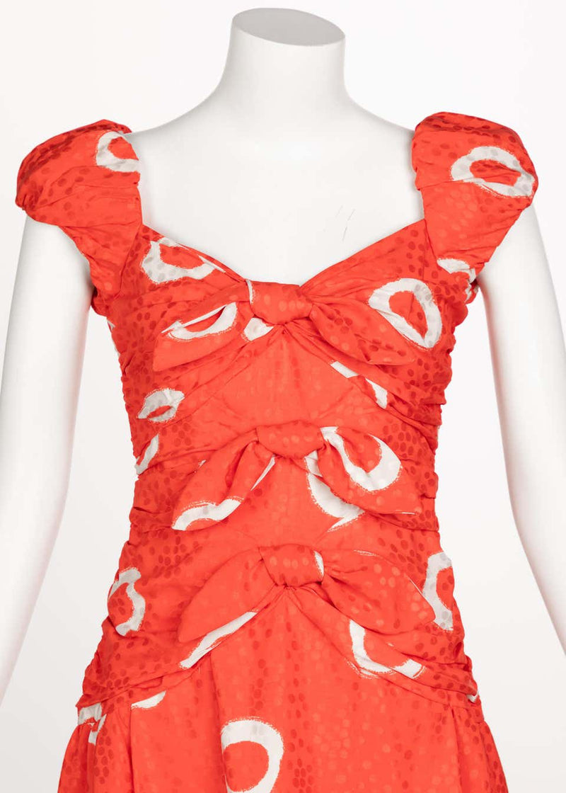 Scaasi Coral Orange Dotted Silk Print Bow Dress, 1990s
