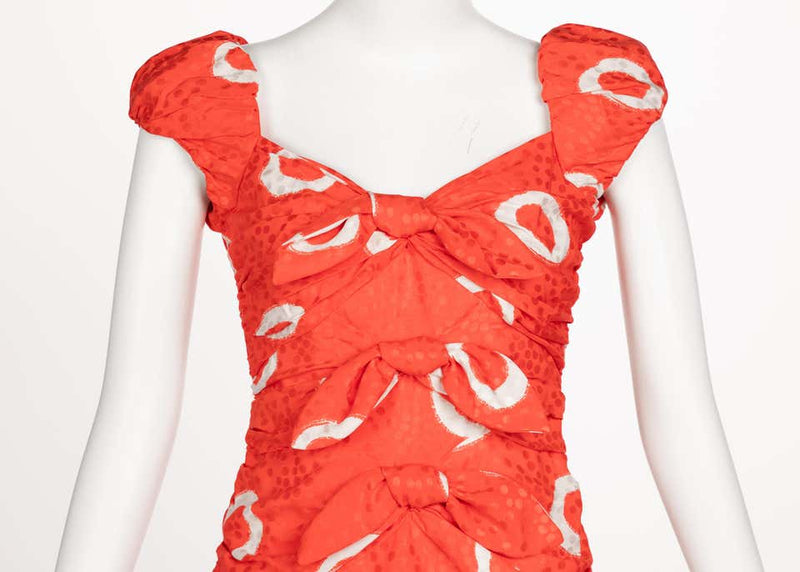 Scaasi Coral Orange Dotted Silk Print Bow Dress, 1990s