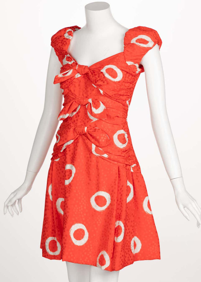 Scaasi Coral Orange Dotted Silk Print Bow Dress, 1990s