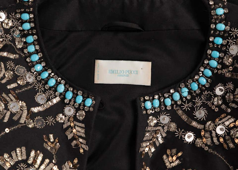Pucci Black Silk Embroidered Turquoise Stone Bolero Jacket, 2006