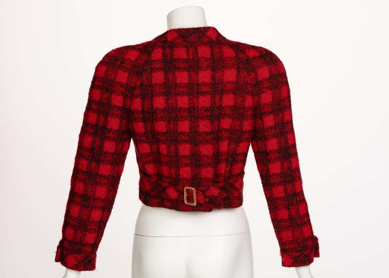 Chanel Black Red Plaid Cropped Wool Jacket Runway 1988