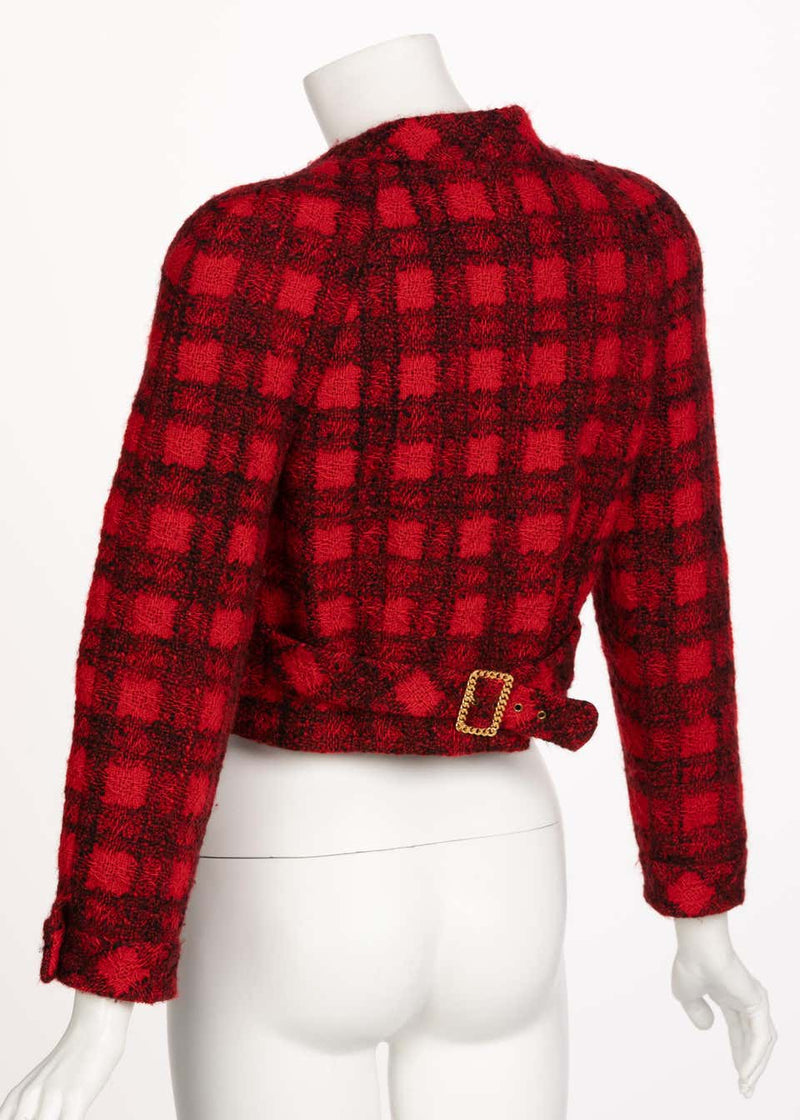 Chanel Black Red Plaid Cropped Wool Jacket Runway 1988