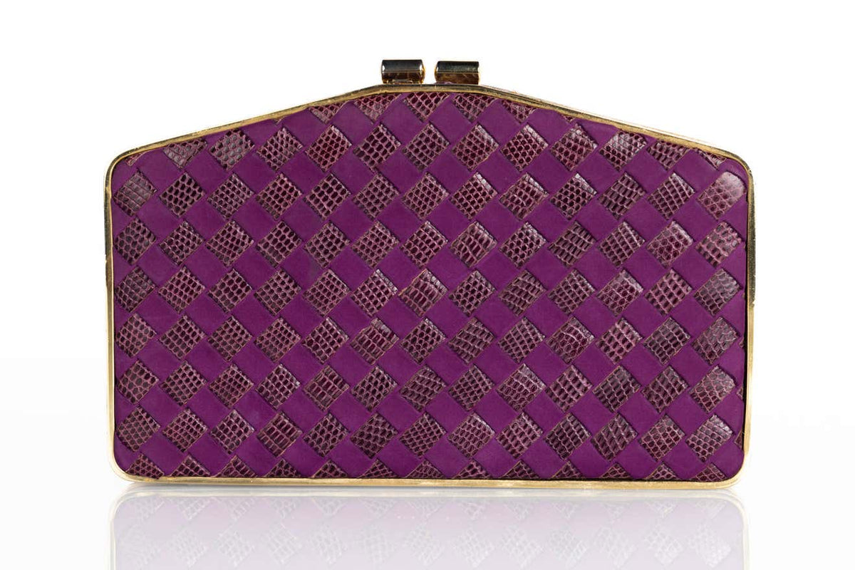 Vintage Bottega Veneta Purple Suede Lizard Intrecciato Convertible Clutch Bag