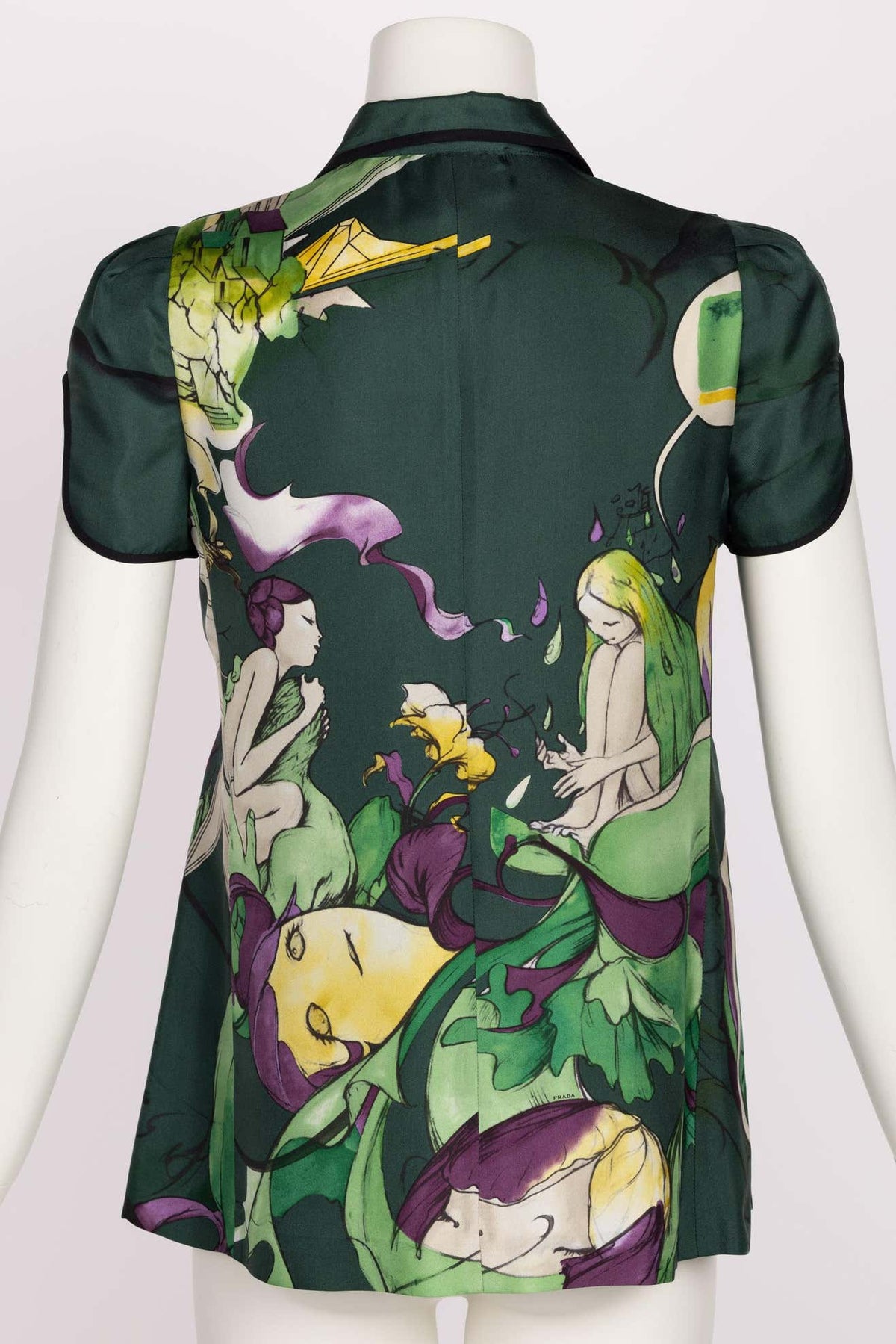 Prada Fairy James Jean Green Print Silk Top Runway Spring