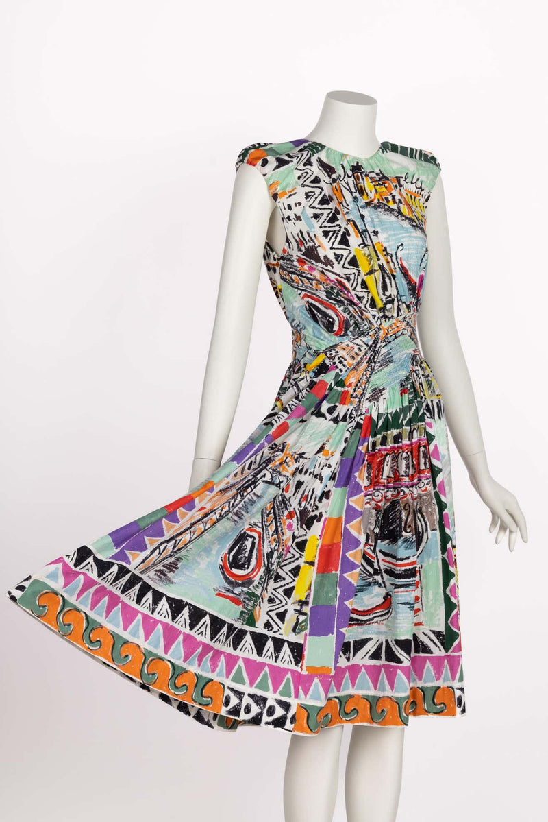 Prada Archive Print Venice Postcard Sleeveless Midi Poplin Dress 2019