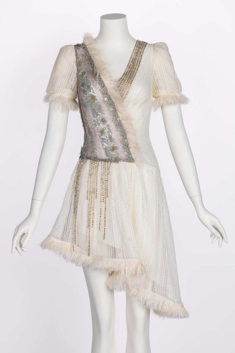 rodarte white dress Rodarte Fall 2015 Lace Crystal Embellished Feather Trim Mini Dress – Basha Gold