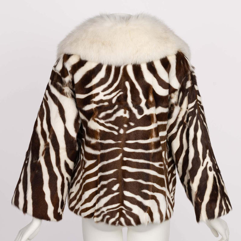 Emanuel Ungaro Brown Zebra Print Ivory Fur Collar Jacket