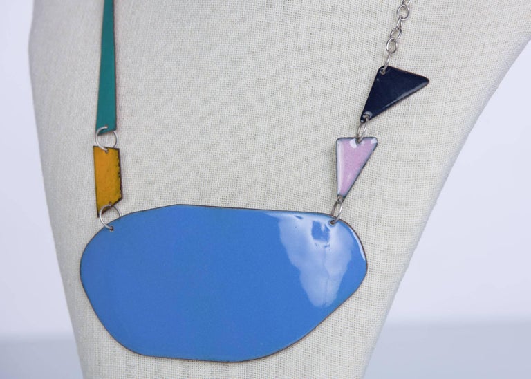 Michel McNabb for Basha Gold Blue Pond Enamel Sterling Silver Chain Necklace
