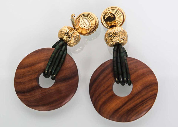 Yves Saint Laurent Emerald Green and Gold Wood Disc Accent Earrings, 1980s