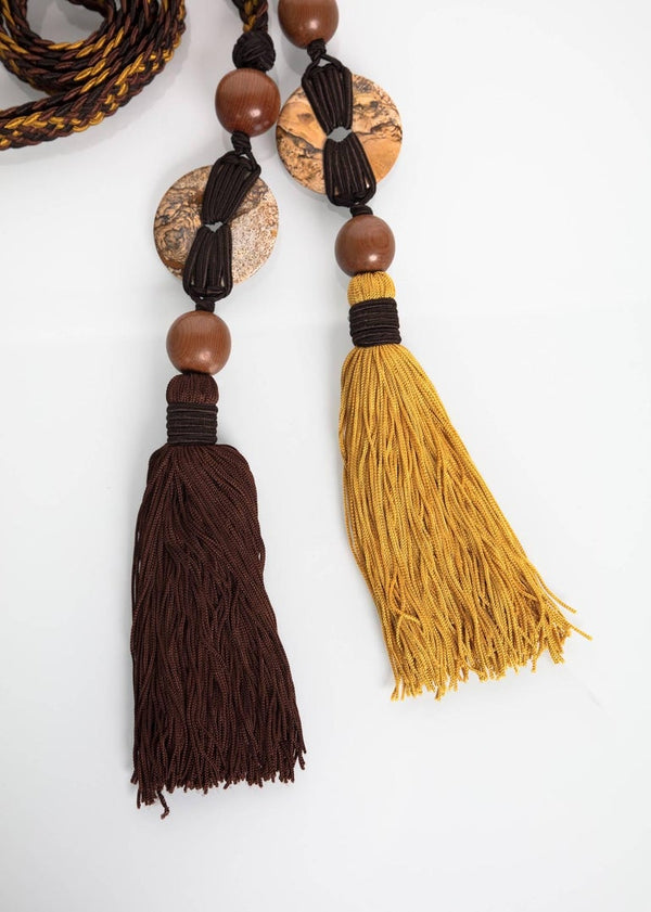 1990s Yves Saint Laurent Brown Yellow Braided Tassel Belt w/ Wood & Agate Beads