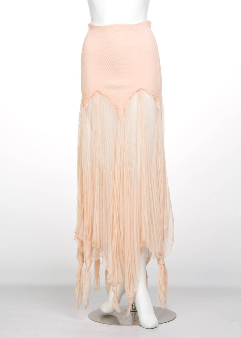 Jean Paul Gaultier Blush Crinkle Silk Chiffon Rib Knit Yoke Skirt, 2000s