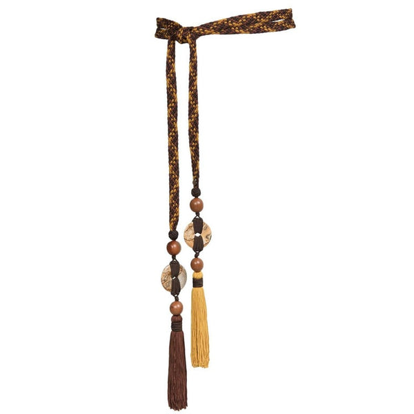 1990s Yves Saint Laurent Brown Yellow Braided Tassel Belt w/ Wood & Agate Beads