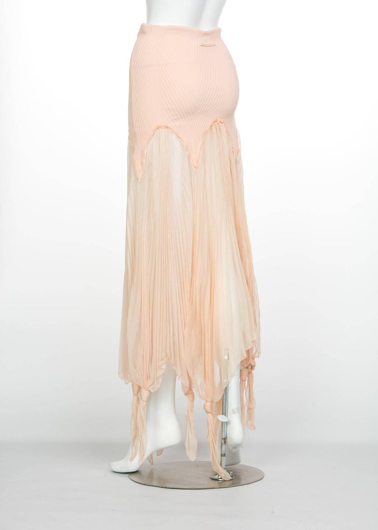 Jean Paul Gaultier Blush Crinkle Silk Chiffon Rib Knit Yoke Skirt, 2000s