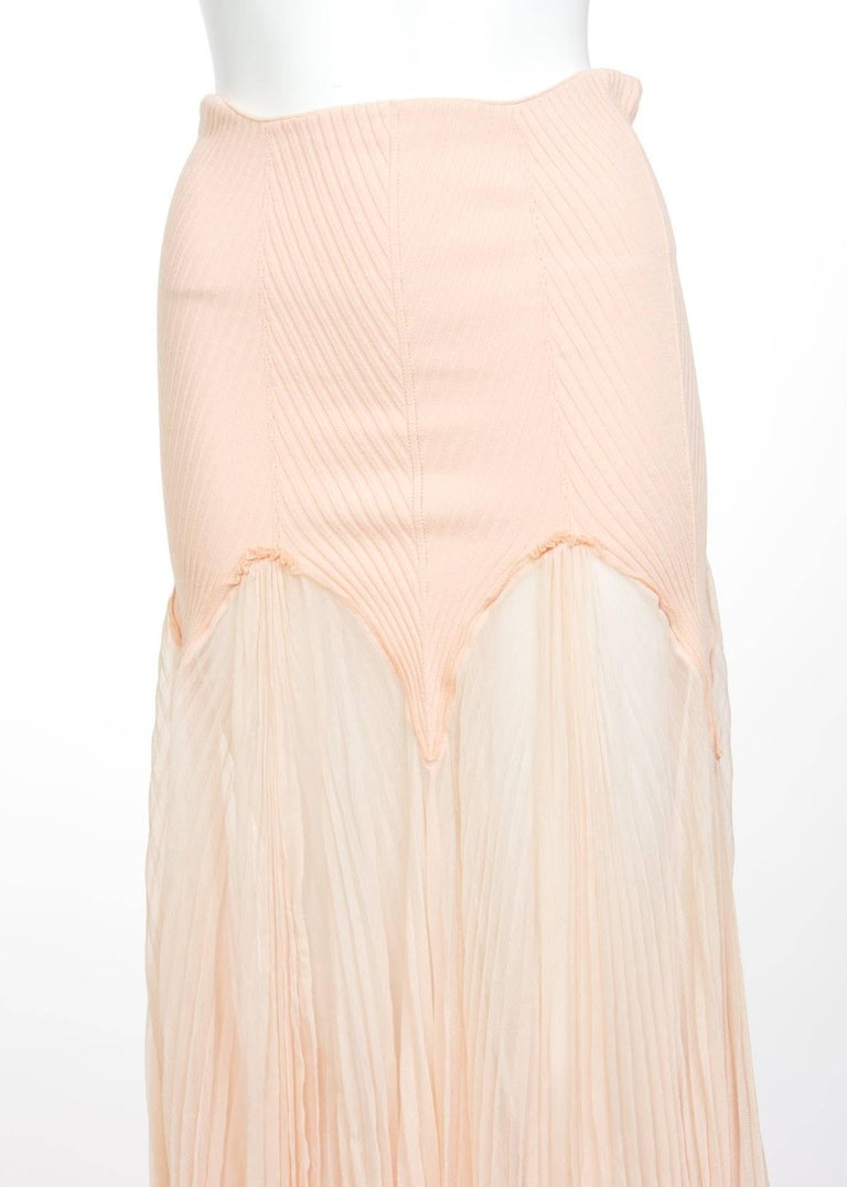 Jean Paul Gaultier Blush Crinkle Silk Chiffon Rib Knit Yoke Skirt, 2000s