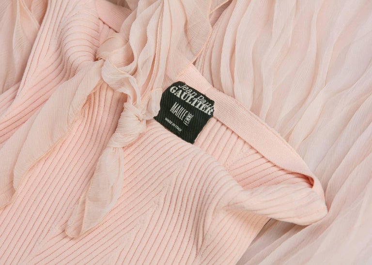 Jean Paul Gaultier Blush Crinkle Silk Chiffon Rib Knit Yoke Skirt, 2000s
