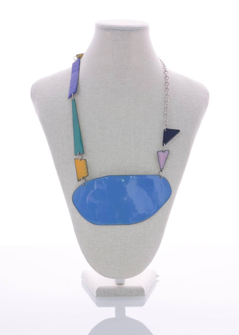 Michel McNabb for Basha Gold Blue Pond Enamel Sterling Silver Chain Necklace