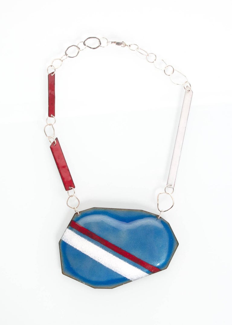 Michel McNabb for Basha Gold Blue Bean Sugar Coat Stripe Enamel Silver Necklace
