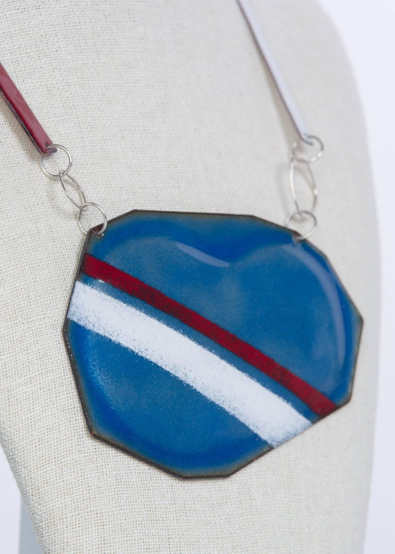 Michel McNabb for Basha Gold Blue Bean Sugar Coat Stripe Enamel Silver Necklace