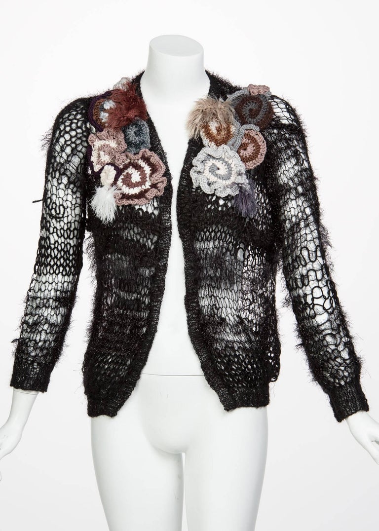 2014 Rodarte Black Handmade Openknit Wool & Lamè Crochet Flower Sweater