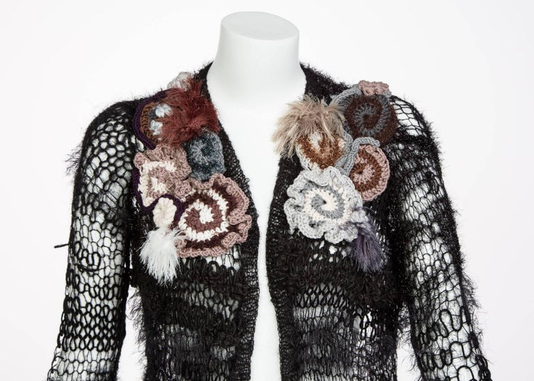 2014 Rodarte Black Handmade Openknit Wool & Lamè Crochet Flower Sweater