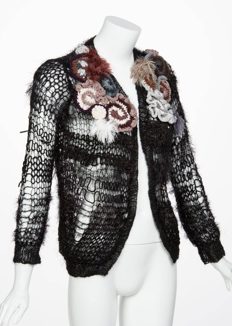 2014 Rodarte Black Handmade Openknit Wool & Lamè Crochet Flower Sweater