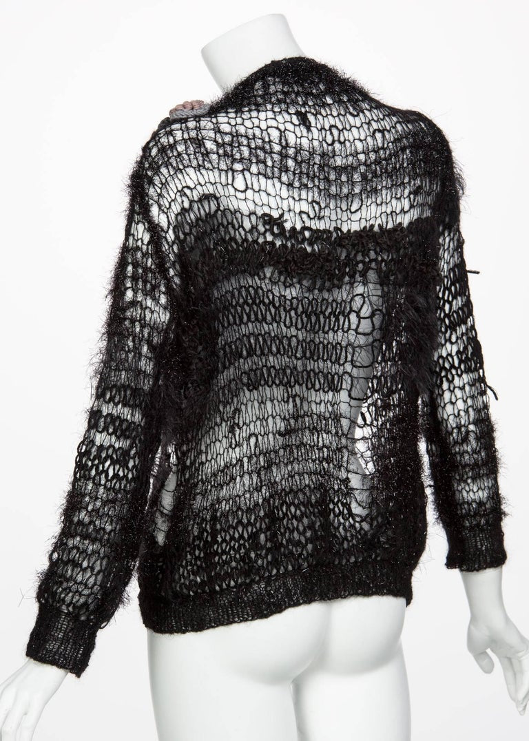 2014 Rodarte Black Handmade Openknit Wool & Lamè Crochet Flower Sweater