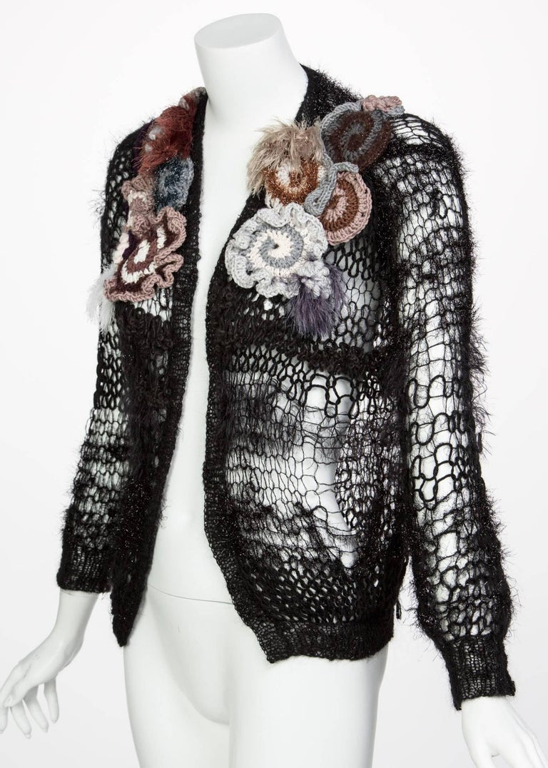 2014 Rodarte Black Handmade Openknit Wool & Lamè Crochet Flower Sweater