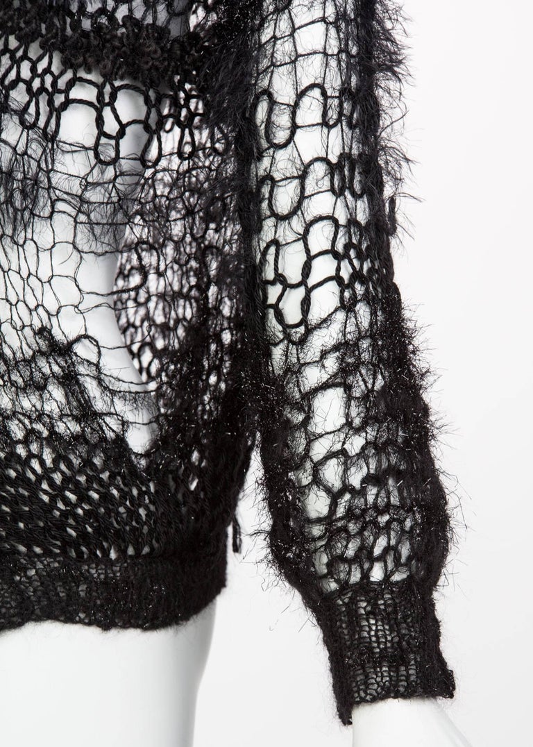 2014 Rodarte Black Handmade Openknit Wool & Lamè Crochet Flower Sweater