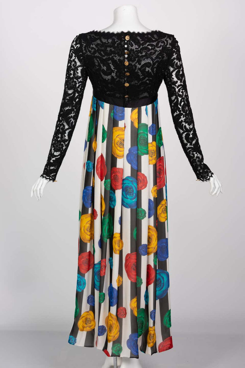 Chanel Lace and Striped Camellia Empire Dress S/S 1988