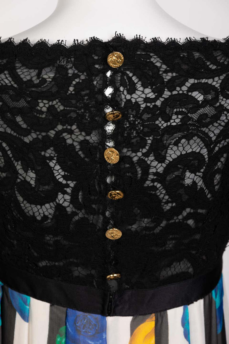 Chanel Lace and Striped Camellia Empire Dress S/S 1988