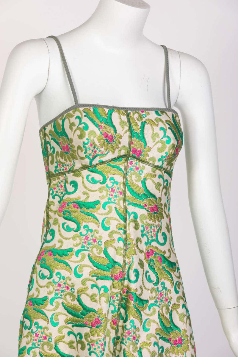 Prada Green Brocade A-Line Sleeveless Dress Spring 2003 Basha Gold Prada Green Brocade A-Line Sleeveless Dress Spring 2003 Basha Gold