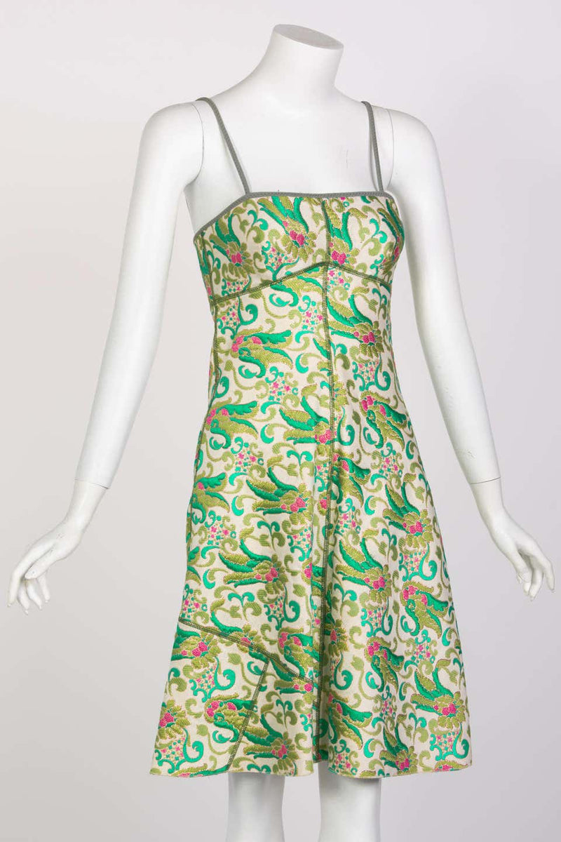Prada Green Brocade A-Line Sleeveless Dress Spring 2003