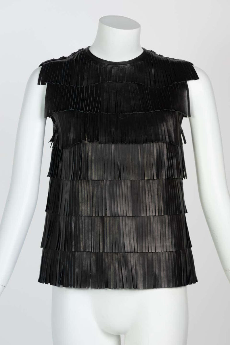 Prada Black Leather Fringe Sleeveless Top Spring 2007