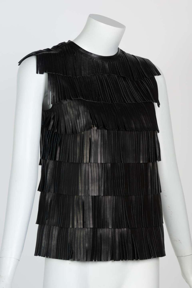 Prada Black Leather Fringe Sleeveless Top Spring 2007