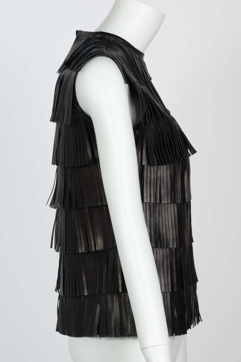 Prada Black Leather Fringe Sleeveless Top Spring 2007