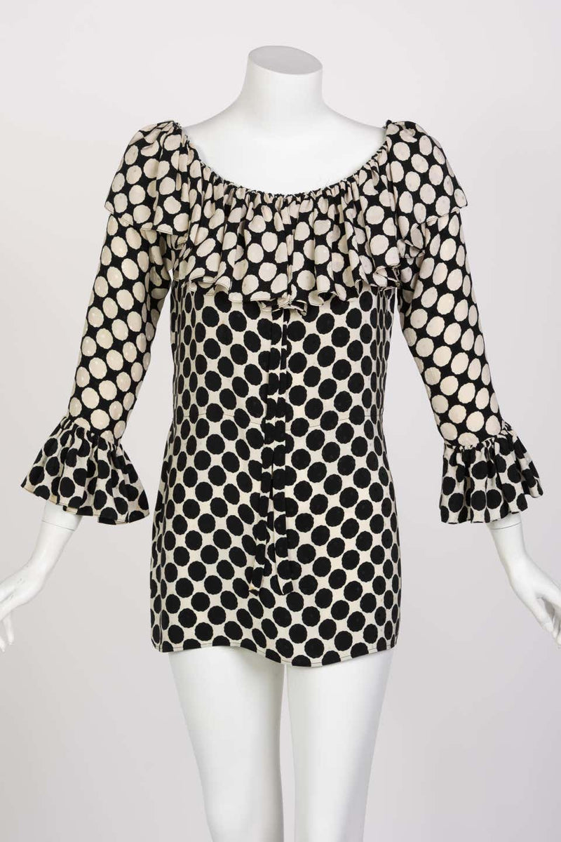 Saint Laurent Polka Dot Ruffle Blouse YSL, 1985