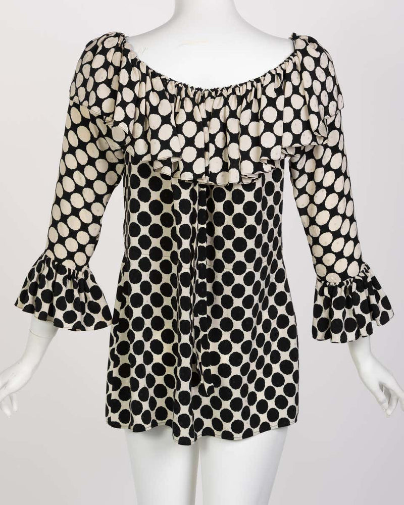 Saint Laurent Polka Dot Ruffle Blouse YSL, 1985