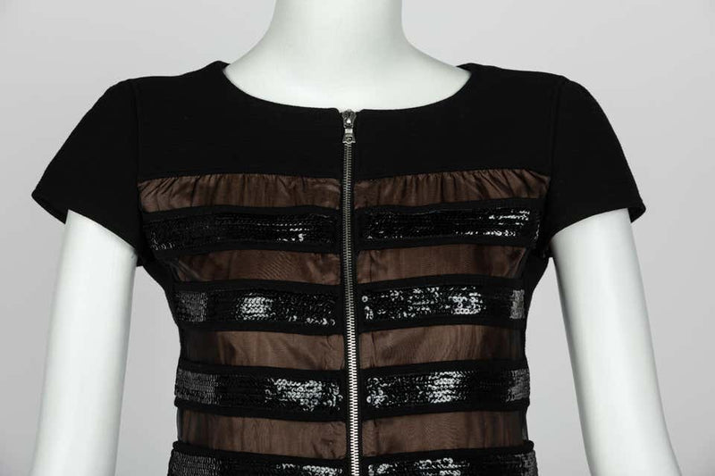 Courrèges Black Wool & Chiffon Sequin Zip Mod Mini Dress
