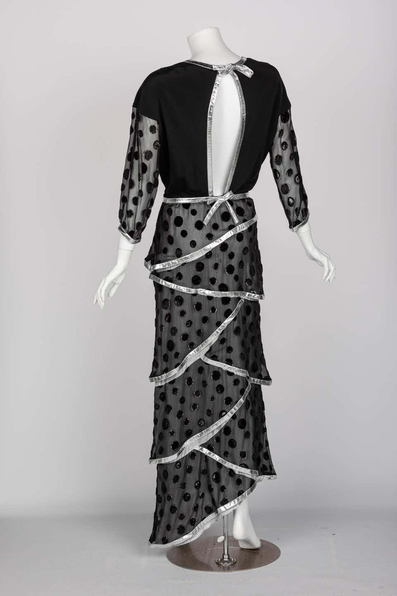 Courrèges Black Metallic Polka Dot Layered Maxi Dress, 1970s