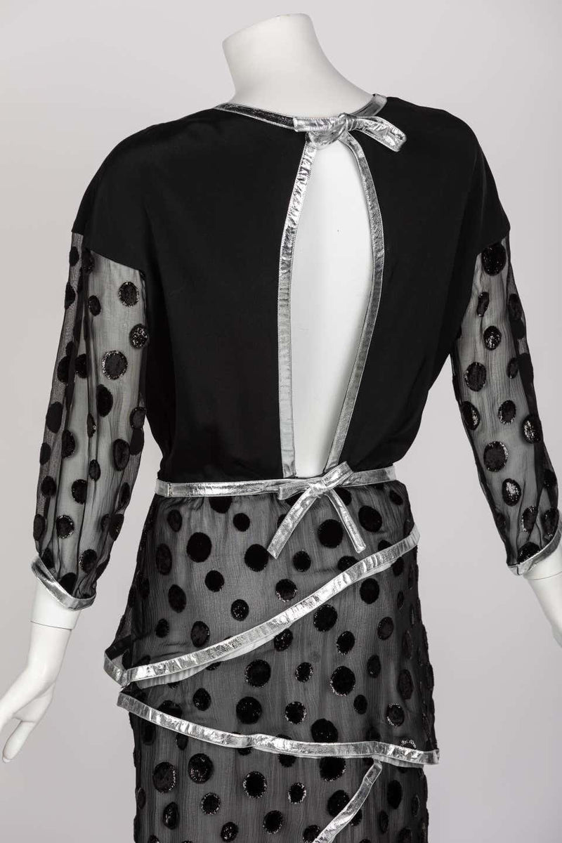 Courrèges Black Metallic Polka Dot Layered Maxi Dress, 1970s